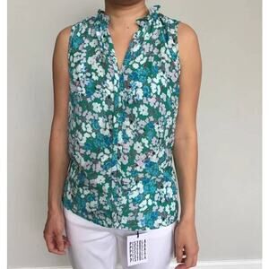 Market & Spruce Orlee Mixed Material Split Neck Top Green Floral Medium